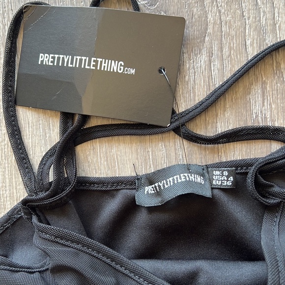 Pretty Little Thing Shape Black Mesh Ruched Strap Detail Cut Out Bodysuit Size 4 - Picture 11 of 11